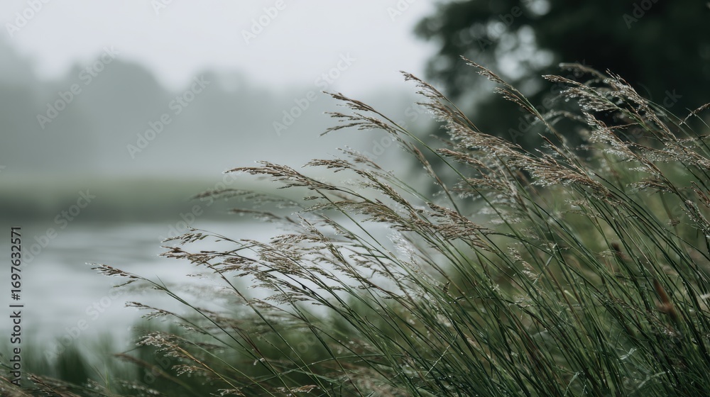 Obraz premium Dew Covered Grass in a Misty River Landscape