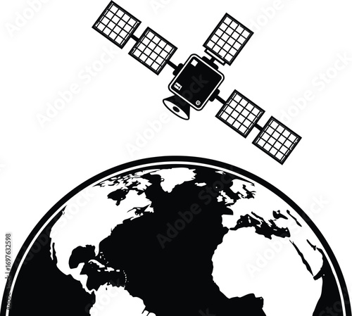 Satellite orbiting earth silhouette, representing global communication and technology