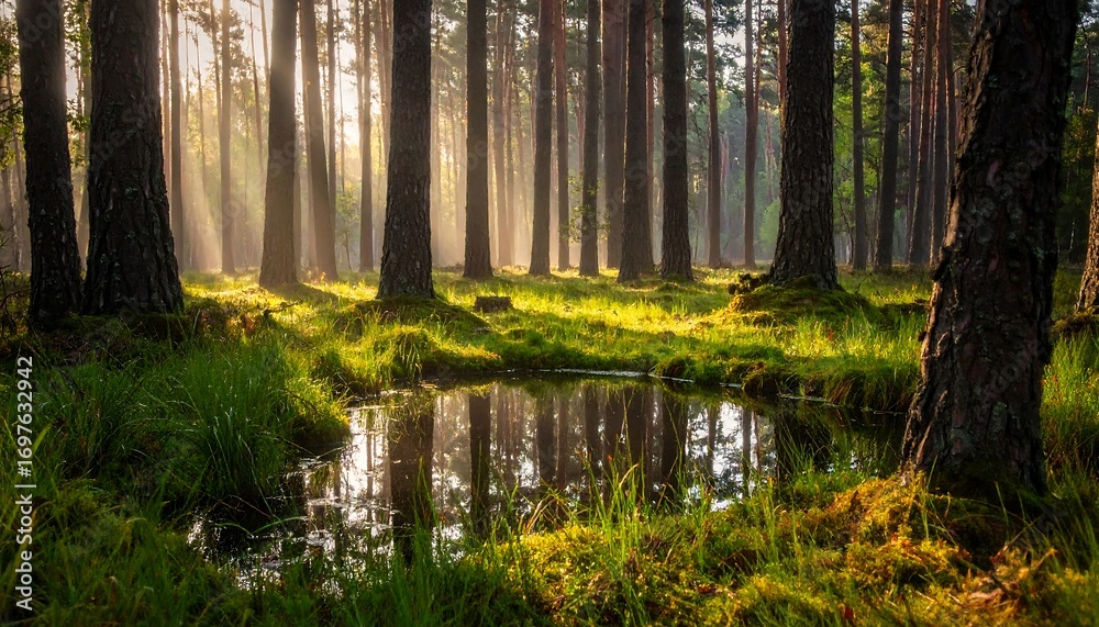 Obraz premium Sunlight streams through a misty forest (1)