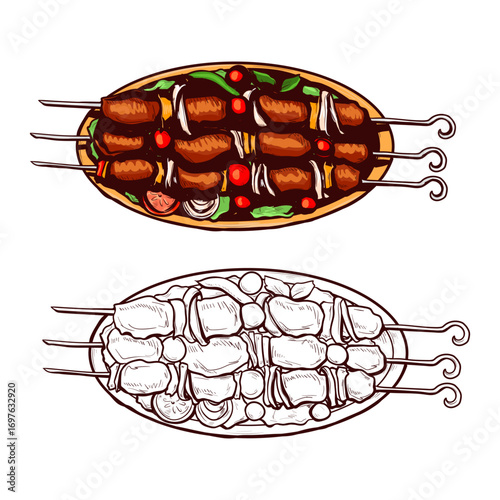 Grilled kebabs with vegetables on skewers served on a plate