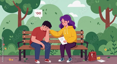Sad Young Man Sitting on Bench with Empathetic Woman in Park