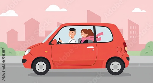 Couple Riding in Small Red Car in Cityscape Illustration