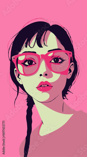 surreal infrared tones in a modern flat design, featuring a girl wearing pink glasses, depicted in flat art and illustration style with a focus on portraiture