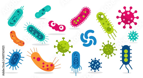 A colorful collection of stylized microbes and germs in a playful illustration showcasing