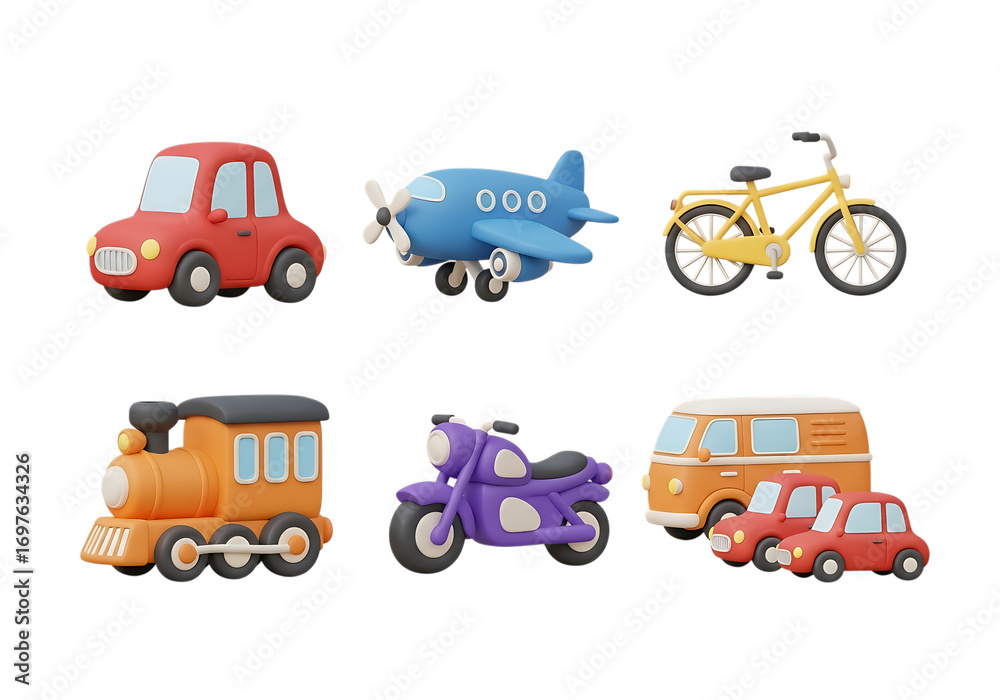 Fototapeta premium 3d icon of set of cartoon vehicles and transportation icons isolated on transparent background