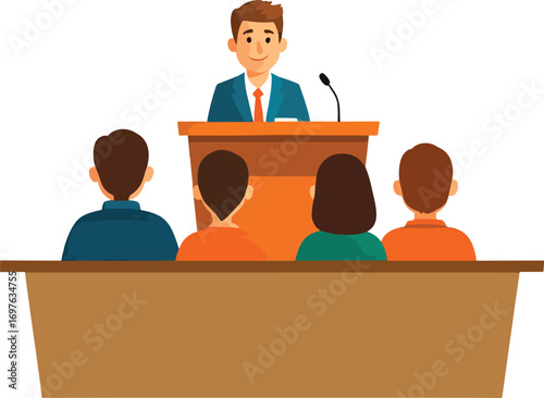 Illustration of a man speaking at a podium in front of three seated people in a conference setting with a simple graphic style.