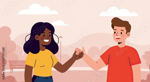 Smiling Young Man and Woman Holding Hands in a Park