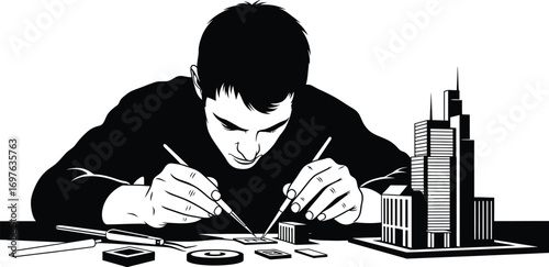 A young man building a model of a skyscraper and he is using tweezers