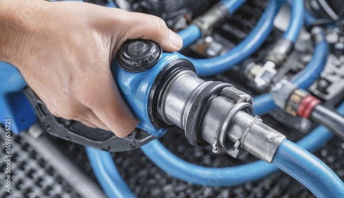 Close-up of a hand holding a blue fuel nozzle