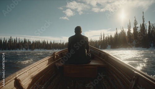A person sits in a wooden rowboat on a wintry river, gazing at a forest