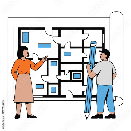 Vector illustration Architects plan blueprint, discuss design with pencil