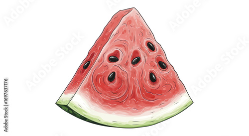Illustrative watercolor style watermelon slice with defined black seeds and textured rind detail