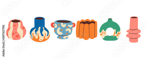 Dopamine vase set. Collection of various geometric vases. Different types of ceramic pottery set in cartoon groovy funky style. Spring, summer elements stickers bundle