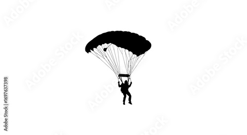 Isolated silhouette of a skydiver with a parachute against a clean white background offering space