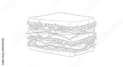 Line art illustration of a large sandwich featuring fresh ingredients on white background