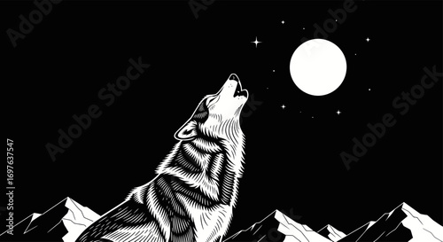 Majestic wolf howling at the moonlit night amidst rugged mountain peaks drawing style illustration