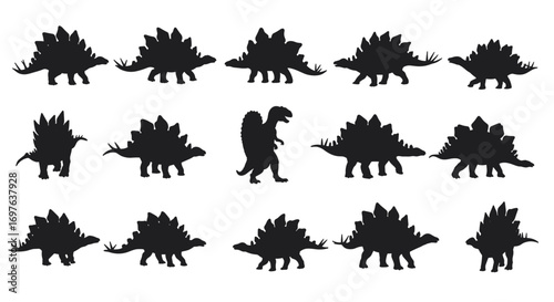 Stegosaurus Set Silhouette Vector Illustration , Dinosaur Silhouette Set Collection Vector
