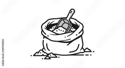 Monochromatic illustration of a sack filled with material and a scoop inside resting on surface