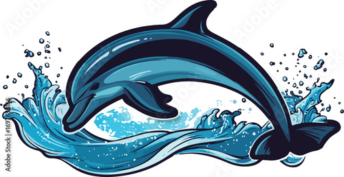Dynamic dolphin leaping through splashing ocean waves in a joyful aquatic display