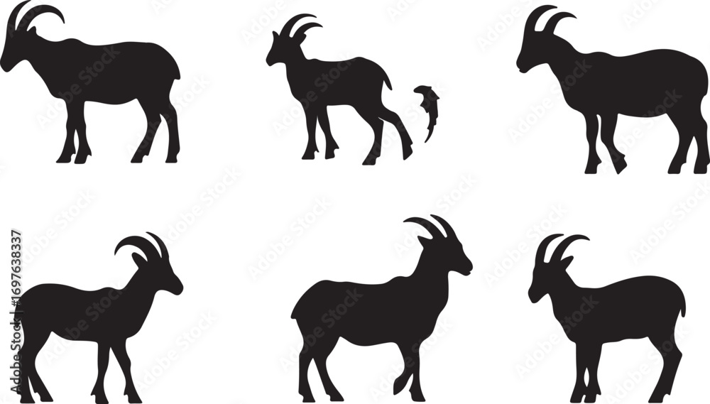 Fototapeta premium Collection of six black silhouette ibex mountain goats standing in different poses isolated