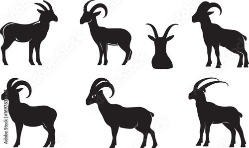 Collection of silhouettes of various ibex and wild goat species standing in different poses