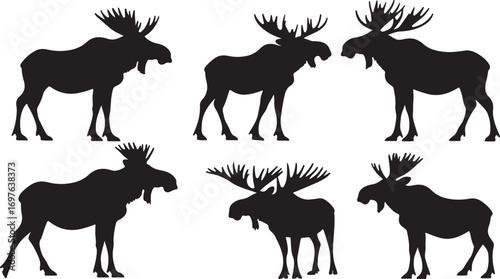 Collection of six black silhouette moose with large antlers standing in various poses on white background