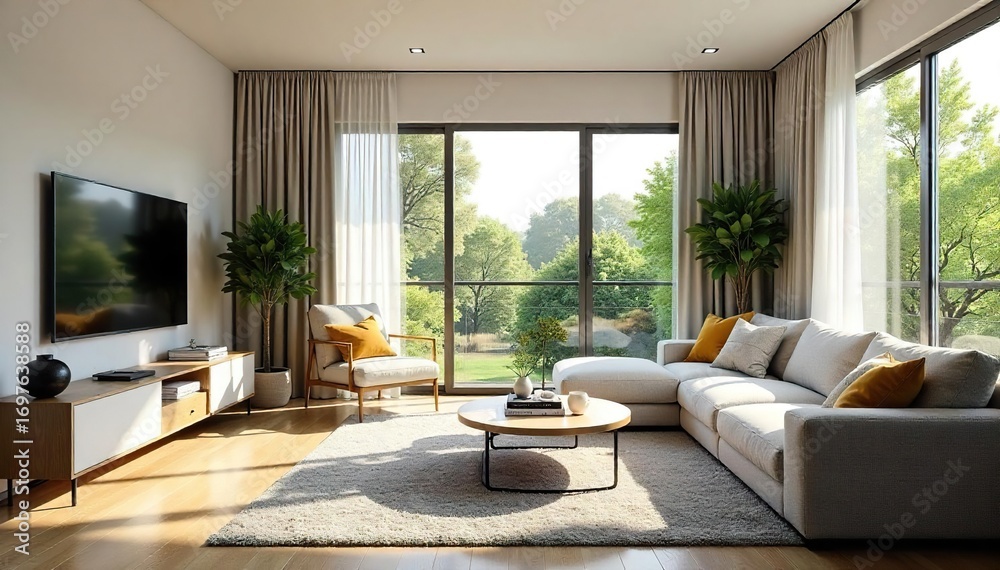 Fototapeta premium Cozy and bright living room interior with large windows, comfortable sofa, and stylish decor Perfect for relaxation and entertainment , coffee table, light