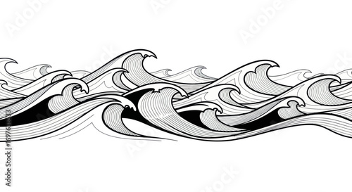 Monochrome artistic representation of ocean waves with meticulously crafted line details