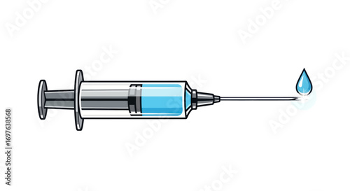 Illustration of a medical syringe filled with blue liquid for vaccination purposes