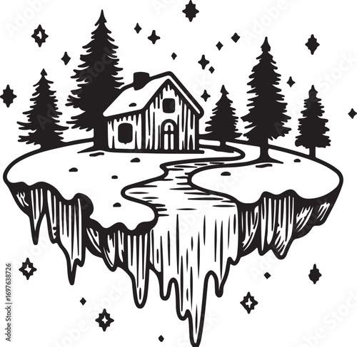 Whimsical hand drawn illustration of a cozy cabin on a floating island surrounded by stars