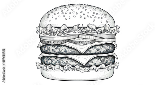 Monochrome marvel a hand drawn burger illustration with meticulous detail and textures featuring