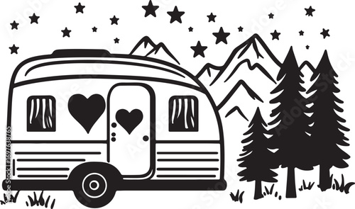 Whimsical hand drawn camper trailer with hearts and mountains under a starry night sky