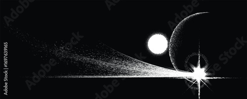 Comet and planet in space. Futuristic landscape, with noise texture . Night landscape with starry sky .Vector illustration