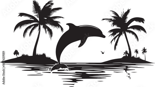 Silhouette of a leaping dolphin between palm trees on tropical islands with water reflection