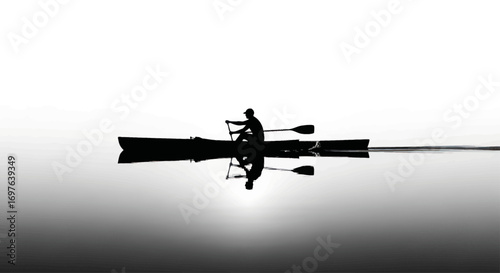 Silhouette of a rower in tranquil water with stunning reflections of the kayak and person