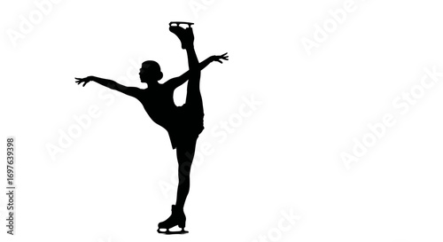Silhouette of a skilled figure skater in a graceful Biellmann position on ice showing control