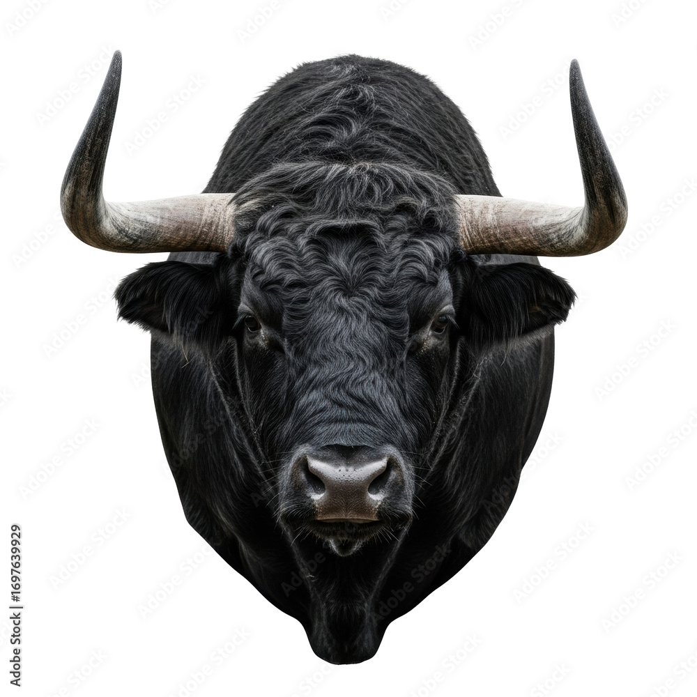 Naklejka premium Majestic ancient wild bull's head, charcoal black shaggy coat, gnarled horns, frontal close-up on a transparent studio background, concept of untamed ancient power