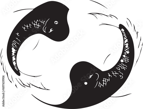 Abstract yin yang symbol formed by two intertwined black and white claw shapes in a circular motion