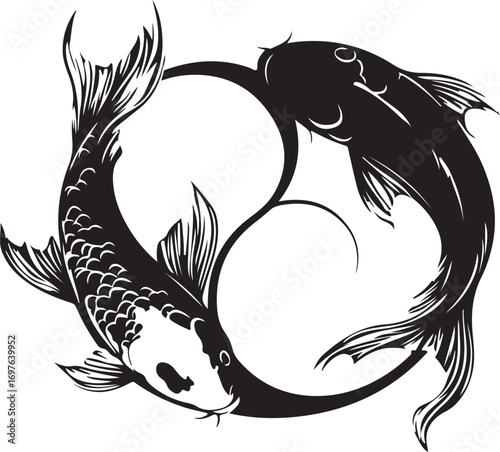 Two stylized koi fish forming a yin yang symbol in a black and white illustration