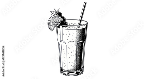 Sophisticated monochrome drawing of a refreshing fruit cocktail with vibrant citrus garnish
