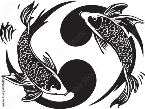 Two stylized black and white koi fish swimming in a circular yin yang symbol design