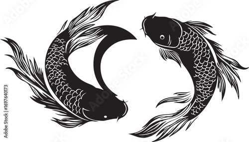 Two stylized black and white koi fish swimming in a circular yin yang pattern