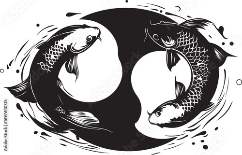 Two stylized koi fish swimming in a circular yin yang symbol with brush stroke texture