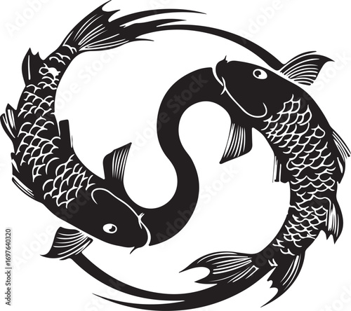 Two stylized black fish in a yin yang symbol shape on a white background