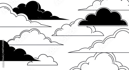 Stylized monochrome cloudscape with varying shapes and shaded elements for abstract illustration