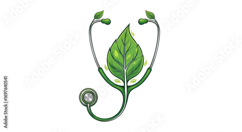 Sustainable healthcare concept featuring a stethoscope with leafy elements conveying ecological