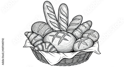 Vintage bread assortment illustration in a wicker basket detailed baked goods artwork