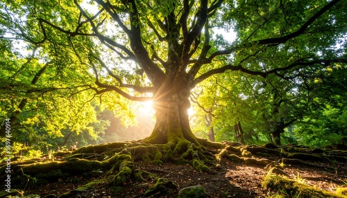 Lush tree canopy, sunlight filtering through leaves, roots spread across the ground