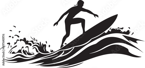 Silhouette of a surfer riding a wave with dynamic water splashes and stylized ocean crests