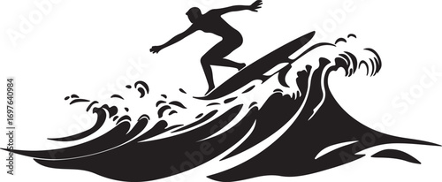 Silhouette of a surfer riding a large powerful ocean wave with splashing water
